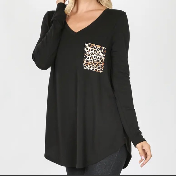aria & clara Tops - aria & clara Black Tunic with Leopard Print Pocket